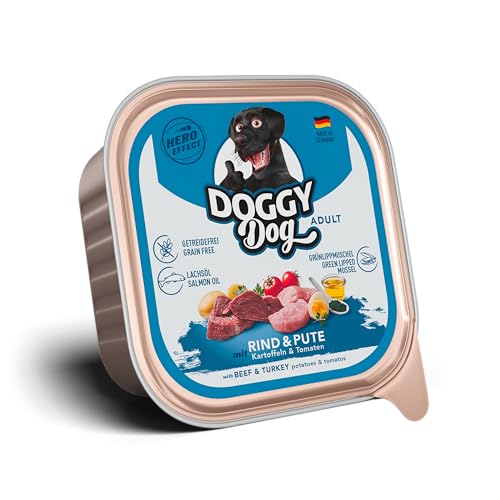 DOGGY Dog Paté Rind & Pute, 10 x 150 g, Nassfutter für Hunde, getreidefreies Hundefutter mit Lachsöl und Grünlippmuschel, Alleinfuttermittel mit Kartoffeln und Tomate, Made in Germany von DOGGY Dog