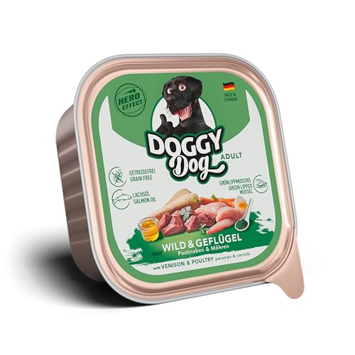 DOGGY Dog Paté Wild & Geflügel, 10 x 150 g, Nassfutter für Hunde, getreidefreies Hundefutter mit Lachsöl und Grünlippmuschel, Alleinfuttermittel mit Pastinake und Möhre, Made in Germany von DOGGY Dog