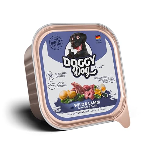 DOGGY Dog Paté Wild & Lamm, 10 x 150 g, Nassfutter für Hunde, getreidefreies Hundefutter mit Lachsöl und Grünlippmuschel, Alleinfuttermittel mit Spinat und Kartoffeln, Made in Germany von DOGGY Dog