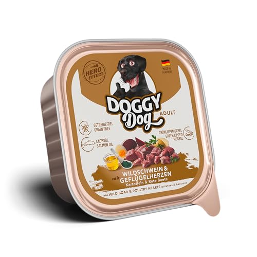DOGGY Dog Paté Wildschwein & Geflügelherzen, 10 x 150 g, Nassfutter für Hunde, getreidefreies Hundefutter mit Lachsöl, Alleinfuttermittel mit Kartoffeln und rote Beete, Made in Germany von DOGGY Dog