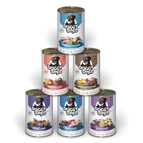 DOGGY Dog Paté Mix 1, 6 x 400 g, Nassfutter für Hunde im Probierpaket, getreidefreies Hundefutter mit Lachsöl und Grünlippmuschel, Alleinfuttermittel mit hohem Fleischanteil, Made in Germany von Soul Pet