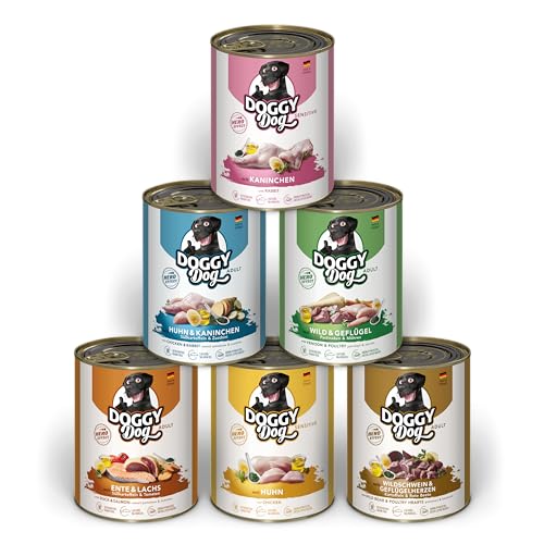 DOGGY Dog Paté Mix 2, 6 x 800 g, Nassfutter für Hunde im Probierpaket, getreidefreies Hundefutter mit Lachsöl und Grünlippmuschel, Alleinfuttermittel mit hohem Fleischanteil, Made in Germany von Soul Pet