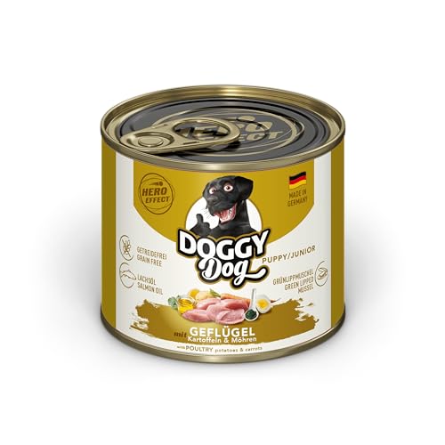 DOGGY Dog Paté Geflügel Puppy/Junior, 6 x 200 g, Nassfutter für junge Hunde, getreidefreies Welpenfutter mit Lachsöl und Grünlippmuschel, Hundefutter mit Kartoffeln und Möhre, Made in Germany von Soul Pet