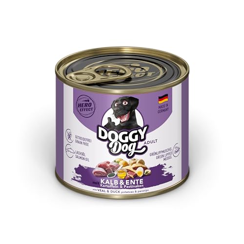 DOGGY Dog Paté Kalb & Ente, 6 x 200 g, Nassfutter für Hunde, getreidefreies Hundefutter mit Lachsöl und Grünlippmuschel, Alleinfuttermittel mit Kartoffeln und Pastinake, Made in Germany von Soul Pet