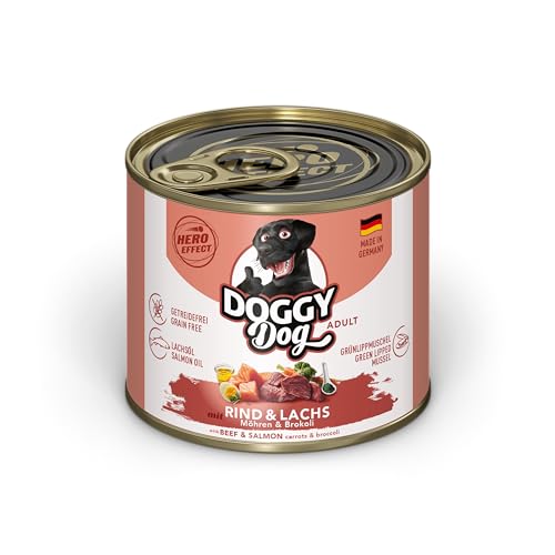 DOGGY Dog Paté Rind & Lachs, 6 x 200 g, Nassfutter für Hunde, getreidefreies Hundefutter mit Lachsöl und Grünlippmuschel, Alleinfuttermittel mit Karotten und Brokkoli, Made in Germany von Soul Pet