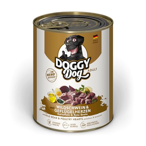 DOGGY Dog Paté Wildschwein & Geflügelherzen, 6 x 800 g, Nassfutter für Hunde, getreidefreies Hundefutter mit Lachsöl und Grünlippmuschel mit Kart of Made in Germany von Soul Pet