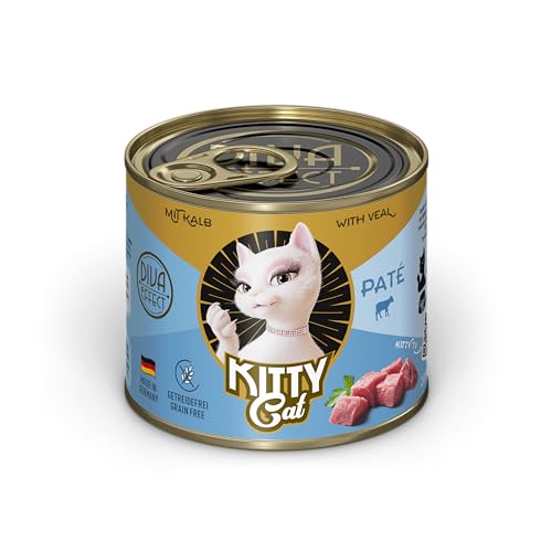 KITTY Cat Paté Kalb, 6 x 200 g, Nassfutter für Katzen, getreidefreies Katzenfutter mit Taurin, Lachsöl und Grünlippmuschel, Alleinfuttermittel mit hohem Fleischanteil, Made in Germany von KITTY Cat