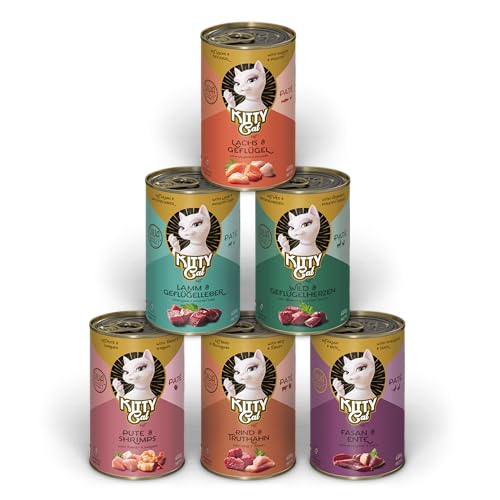 KITTY Cat Paté Mix 2, 6 x 400 g, Nassfutter für Katzen im Probierpaket, getreidefreies Katzenfutter mit Taurin, Lachsöl und Grünlippmuschel, Alleinfuttermittel mit hohem Fleischanteil, Made in Germany von Soul Pet