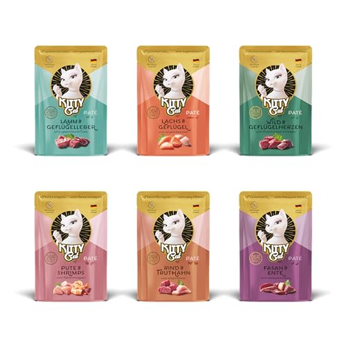 KITTY Cat Paté Mix 2, 6 x 85 g, Nassfutter für Katzen im Probierpaket, getreidefreies Katzenfutter mit Taurin, Lachsöl und Grünlippmuschel, Alleinfuttermittel mit hohem Fleischanteil, Made in Germany von KITTY Cat