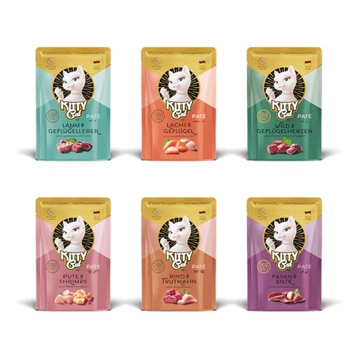 KITTY Cat Paté Mix 2, 6 x 85 g, Nassfutter für Katzen im Probierpaket, getreidefreies Katzenfutter mit Taurin, Lachsöl und Grünlippmuschel, Alleinfuttermittel mit hohem Fleischanteil, Made in Germany von KITTY Cat