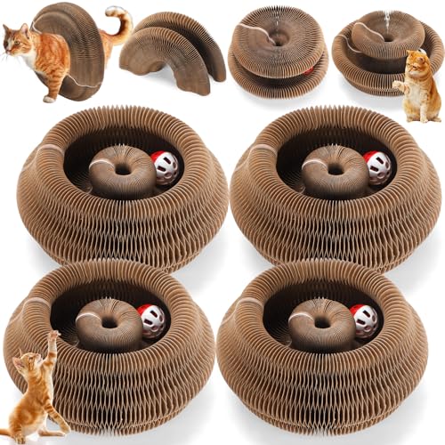 Soulchen 4 Stück Magic Organ Cat Scratching Board, Kombinierbares Katzenspielzeug für erwachsene Haustiere, interaktiver Karton Kitty Scratcher mit Glockenball, langlebig, faltbar, Akkordeon-Kratzpad von Soulchen
