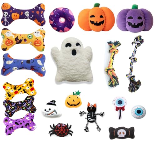 Soulchen Halloween-Hundespielzeug mit Quietschknochen, Plüsch, Kürbis, Welpen, Kauspielzeug für kleine, mittelgroße und große Hunde, Geist, gefüllt, langlebig, Kauseil für Hunde und Katzen, 20 Stück von Soulchen