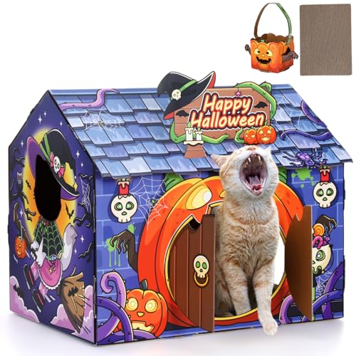 Soulchen Halloween-Katzenhaus aus Karton mit Kratzer, Totenkopf, violettes Spukhaus-Design, Katzenbetten mit Kürbistür, 45 x 37 x 33 cm, Happy Halloween-Dekorationen für Indoor-Katzen, Urlaubsparty von Soulchen