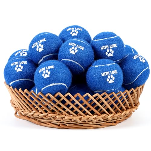 Soulchen Hochzeits-Tennisbälle für Hunde, 6,3 cm, mit Liebespfotenabdruck-Design, marineblau, Hundespielzeug, Bälle mit schwarzer Netztasche für Haustiertraining, Training, Apportieren, 25 Stück von Soulchen