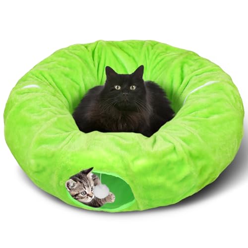 Soulchen Katzentunnelbett mit Weihnachtsmotiv, 91 x 90 x 24 cm, Katzenhöhle, Donut unter dem Weihnachtsbaum, zusammenklappbar, für Indoor-Katzen, Versteck für Kaninchen, Frettchen, Welpen (Furry Green von Soulchen