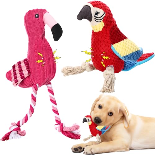 Soulchen Plüschspielzeug für Hunde, niedlicher Flamingo, quietschendes Zahnspielzeug mit Knoten, gefülltes Papageien-Kauspielzeug, interaktives Geschenk für kleine, mittelgroße und große Hunde von Soulchen