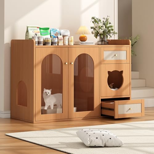 Katzenhaus & Katzenkloschrank – haustiertierfreundlicher Beistellschrank mit Futterschalen, Katzenruheraum, Lagerbereich (ohne Katzenklo & Katzenkissen), 120x45x83 cm von Soweiz