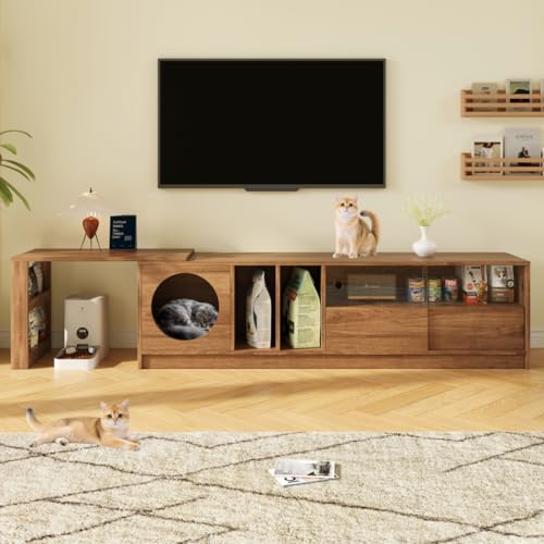 Soweiz Drehbarer Fernsehschrank – ausziehbar, haustiertierfreundlich, stahlverstärkten Glastüren, Katzenruheraum (ohne Katzenkissen), Nussbaumfarben, 180(+80)×40×50 cm von Soweiz