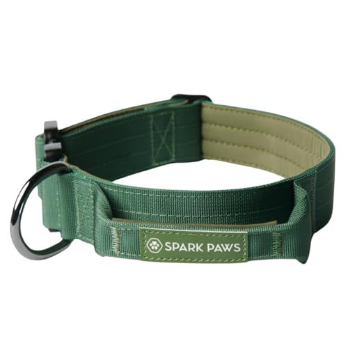Spark Paws Taktisches Hundehalsband mit Griff - Premium Qualität, Robustes Design für große Hunderassen - Pitbulls, Labradore, GSD - Army Green - L von Spark Paws