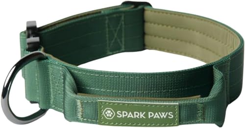 Spark Paws Taktisches Hundehalsband mit Griff - Premium Qualität, Robustes Design für große Hunderassen - Pitbulls, Labradore, GSD - Army Green - M von Spark Paws