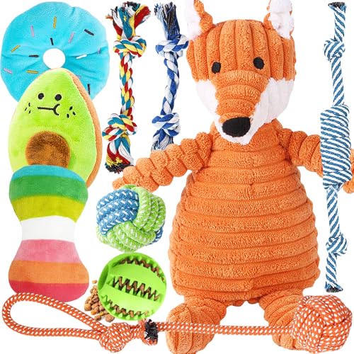 10-teiliges Hundespielzeug-Set mit 4X Quietsch-Plüsch, 5X Seilen & 1x Futterball | Kauspielzeug für Kleine & Mittelgroße Hunde | Zahnreinigung, Indoor/Outdoor von Speedy Panther