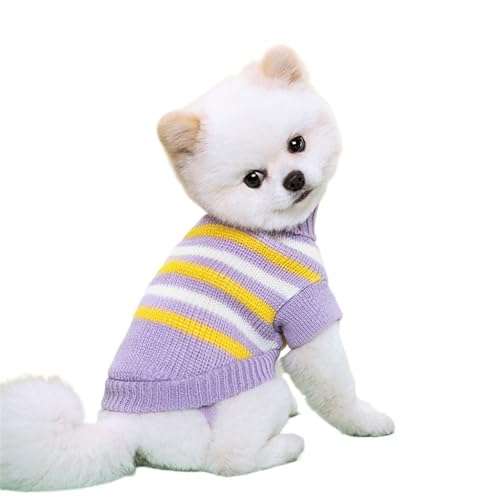 Hundepullover for kleine Hunde und Katzen, weiche, gemütliche, warme Kleidung, Chihuahua, Schnauzer, Haustier-Rollkragenpullover (Color : Purple Stripe, Size : S) von SpeesY