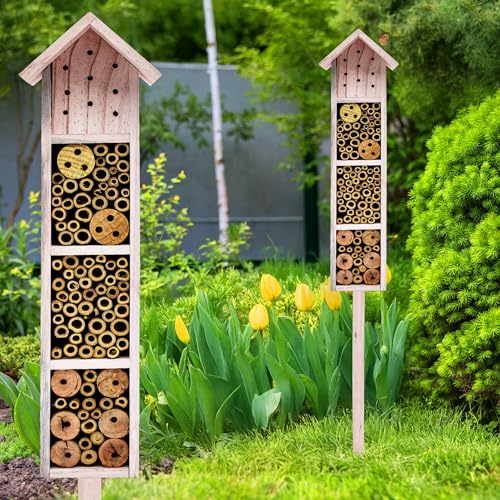 Holz Insektenhotel mit Erdspieß 78 cm - beige - Garten Deko Insektenhaus zum Aufstellen - Bienenhotel Hummelhaus Holzhaus Nisthilfe für Bienen Hummeln Florfliegen Schmetterling von Spetebo