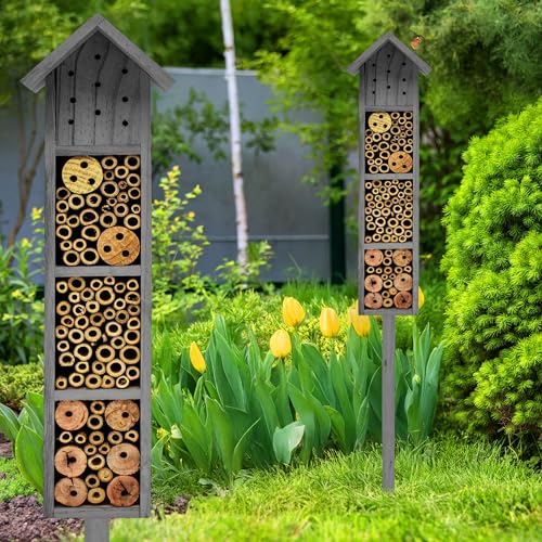 Holz Insektenhotel mit Erdspieß 78 cm - grau - Garten Deko Insektenhaus zum Aufstellen - Bienenhotel Hummelhaus Holzhaus Nisthilfe für Bienen Hummeln Florfliegen Schmetterling von Spetebo