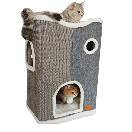 Spindro Katzenhöhlenbett mit 3 Ebenen für Indoor-Katzen, großes Katzenwürfelhaus mit Kratzunterlage Katzentürme, niedliches Katzenhütte mit waschbarer weicher Katzenkissenmatte, moderne Möbel für von Spindro