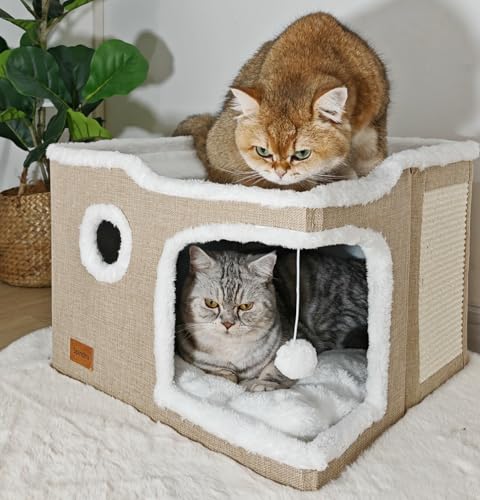 Spindro Großes Katzenhöhlenbett für Indoor-Katzen, Würfelhaus mit Kratzpad, Katzenhütte mit waschbarer Sherpa-Matte, Warmer, weicher Katzenmatte, niedliches Katzenbett, modernes Hundebett,Khaki von Spindro