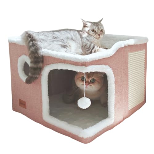 Spindro Großes Katzenbett für den Innenbereich, faltbar, für Katzen, Würfelhaus mit Kratzmatte, modernes Hundebett mit weichem Kissen, waschbar, 43 x 43 x 33 cm, Rosa Spindro Großes Katzenbett für den Innenbereich, faltbar, für Katzen, Würfelhaus mit Kratzmatte, modernes Hundebett mit weichem Kissen, waschbar, 43 x 43 x 33 cm, Rosa von Spindro