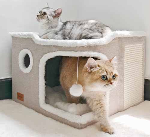 Spindro Großes Katzenhöhlenbett für Hauskatzen, faltbares Haustierhaus, Würfel mit Kratzpad, Kätzchen-Höhle, Katzen-Versteck niedliche Hütte mit weicher Kissenmatte, Beige, 43,2 x 43,2 x 33 cm von Spindro