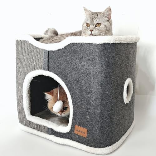 Spindro Katzenhöhlenbett für Indoor-Katzen, großes Katzenwürfelhaus mit Kratzpad, Katzentürme, niedliches Katzenhütte mit waschbarer weicher Katzenkissenmatte, moderne Möbel für mehrere Haustiere von Spindro
