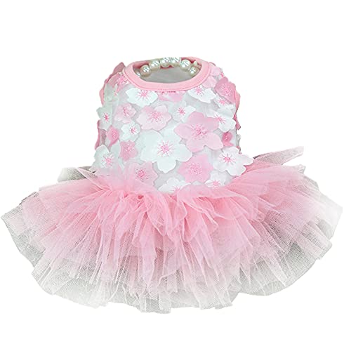Hunde-Prinzessinnenkleid, Blumendruck, mehrlagiges Netzgarn, Baumwolle, Rundhalsausschnitt, Teddy, Hochzeitsrock für den Sommer, Haustierkleidung, Rosa, Größe S von SpirWoRchlan