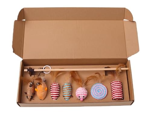 Katzenspielzeug 7 Teile Set: Interaktives Katzenspielzeug mit Katzenangel, Maus aus Plüsch Spielzeug mit Federn, Katzen Spielzeug Nachhaltige fördert Koordination von Kitten von Sporgo