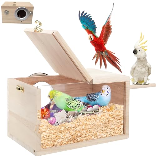 Sporgo Wellensittich Nistkasten Süßes Vogelhäuschen: Vogelnest Brutkasten Transparentes Design, Massivholz Papagei Zucht Box für Liebevogel Ellensittich Sittich Lovebirds Papageien 13 * 13 * 25cm von Sporgo