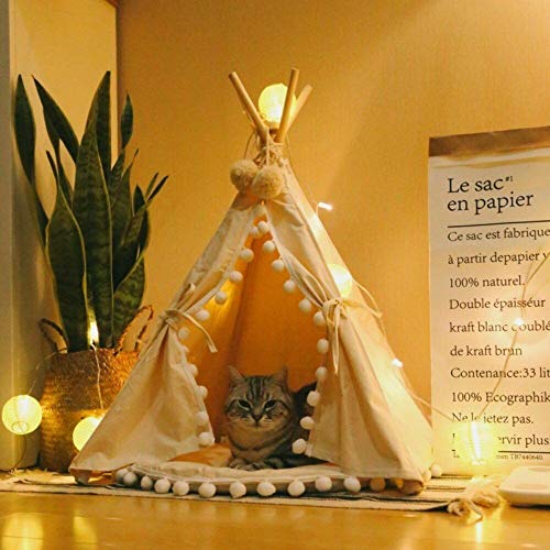 Sport Tent Haustier Hause Hunde Tipi Zelt Haustierhütte für Hunde Welpen Katzen, Haustierbett Hundebett Hundehaus mit abnehmbarem und waschbarem Kissen, Pompons (M (Unter 7KG), mit Kissen) von Sport Tent