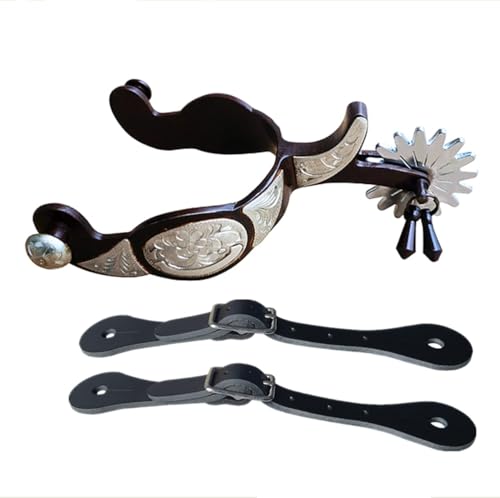 Sport Tent-Reitsporen mit Riemen Western Sporen Vitage Westernsporen Pferdesporen Cowboy Reiten Schnürsenkel Knöchel Schuhriemen für Pferdetraining Reitdressur (Silber mit die schwarzen Spornen Binde) von Sport Tent