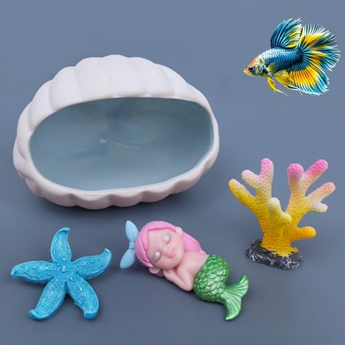 Aquarium-Dekoration, Versteckhöhle, 4 Stück, Muschelförmiges Versteckhaus + niedliche Meerjungfrau + künstliche Koralle + Seestern für Betta-Fische, Buntbarsche, Garnelen, Schildkröten, Frosch, Aquarium-Dekoration, Versteckhöhle, 4 Stück, Muschelförmiges Versteckhaus + niedliche Meerjungfrau + künstliche Koralle + Seestern für Betta-Fische, Buntbarsche, Garnelen, Schildkröten, Frosch, von SpringSmart