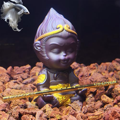 SpringSmart Sun WU Kong mit JIN GU Bang Set für Aquarium-Dekoration, Keramik-WU-Kong-Schreibtisch-Ornamente aus natürlichem violettem Splitt, Aquarium-Kampffisch-Dekor (2#) von SpringSmart