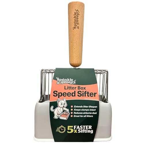 Katzenstreu Speed Sifter mit Basis, Premium Kitty Klumpenschaufel, Katzentoilettenreiniger, Schnelles Kitty Streusieb, bequemer Buchenholzgriff, waschbarer Bodenständer, robuste von Sprinkle & Sweep