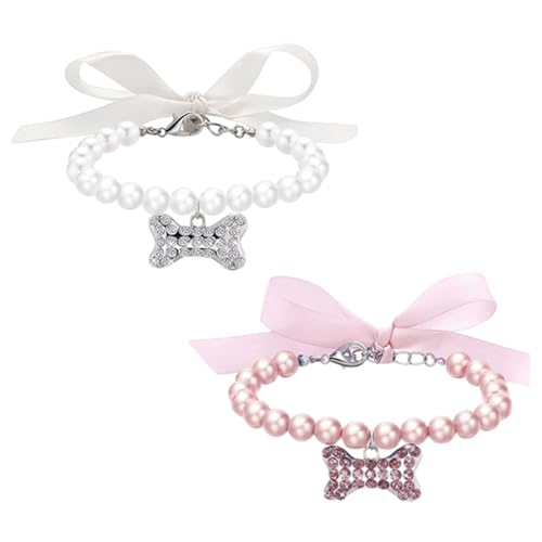 2pcs Hund Perlen Halskette Kragen, ausgefallene Hundekettekragen mit Strassknochen, Bling -Katzenschmuck Dekor für Welpen Kätzchen Party Hochzeits Geburtstag von Ssguopte