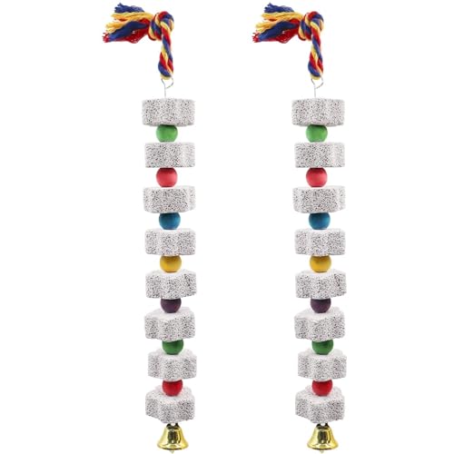 Ssguopte 2pcs Vogelkauen Spielzeug 14 -Zoll -Papageienkau -Spielzeug Stone Vogelspielzeug mit Krawattenseil, Bell Charm & Bunt Perlen Stress Relief Parrot Toys, Geschenke für Vögel von Ssguopte