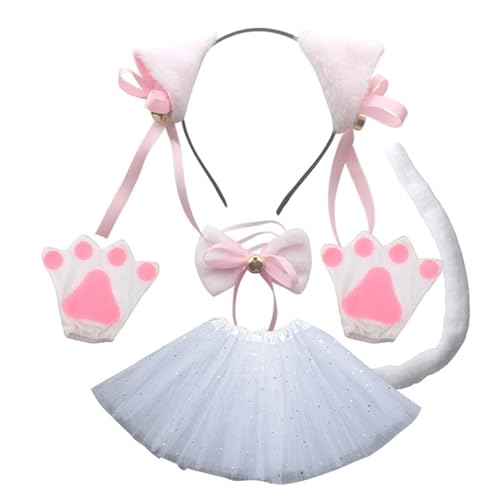 Ssguopte Katzenkostüm für Mädchen 1 Set weiße Durchschnittsgröße Katzenkostüm Beinhaltet Ohren, Schwanz, Bowtie, Rock und Handschuhe, entzückendes Katzenkostüm für Dress -up, Mädchen von Ssguopte