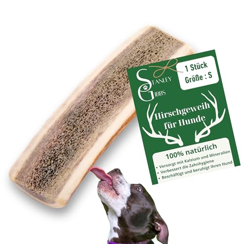 Natürlicher Kausnack für Hunde aus 100% Hirschgeweih. Mit Mineralstoffen, Kauspielzeug, Zahnpflege, Kaustange, Geweih, Knochen, Hirsch, Kauartikel - Größe S halbiert. Für Welpen und Hunde jeden Alters von Stanley Gibbs