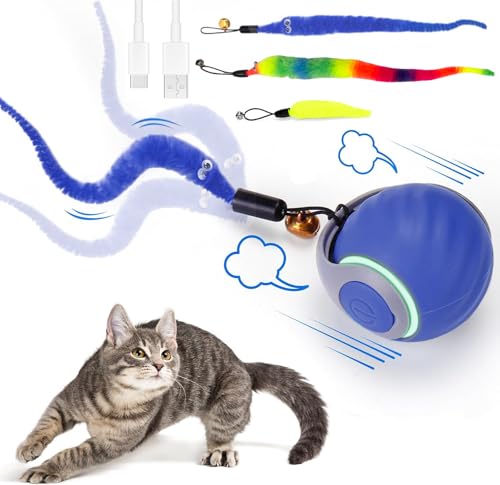 Starnearby 2025 Neu Chase Master Pro Katzenspielzeug Interaktives Katzenball Elektrisch Speedy Tail 3.0 Powerball Katze Spielzeug mit 3 Ersatzschwanz (Blau) von Starnearby