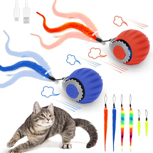 Starnearby 2PCS 2025 Neu Chase Master Pro Katzenspielzeug Interaktives Katzenball Elektrisch Speedy Tail 3.0 Powerball Katze Spielzeug mit 6 Ersatzschwanz (Blau+Orange) von Starnearby