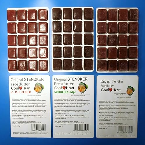 Frostfutter Sparpaket 51 x Stendker GoodHeart Mix (normal/Colour/SPIRULINA) Diskus Futter Diskusfutter 100g Blister/für gesunde farbenprächtige Diskusfische + 100g Beef-Lover Granulat Gratis dazu von Stendker