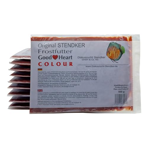 Stendker Frostfutter Sparpaket 10 x GoodHeart Colour Diskus Frost Futter Diskusfutter/Rinderherz 500g Flachtafel/für farbenprächtige Diskusfische von Stendker