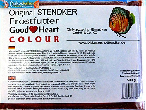 Stendker Frostfutter Sparpaket 10 x GoodHeart Colour Diskus Frost Futter Diskusfutter/Rinderherz 500g Flachtafel/für farbenprächtige Diskusfische von Stendker
